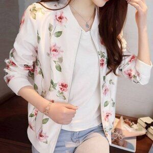 2/$40 Floral Pattern White Bomber Zip Up Jacket Sheer Lightweight Women SZ M